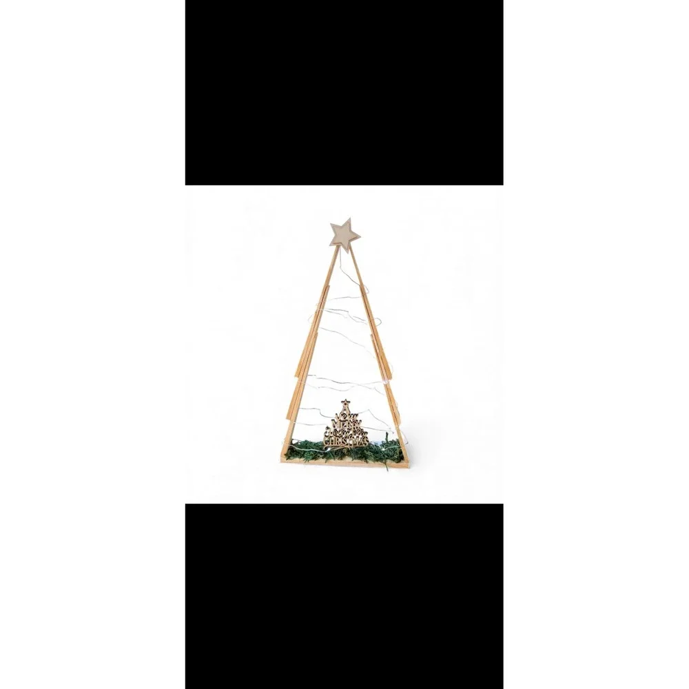Set of‎ 3 Rustic Wooden Christmas Trees with Lights, 10, 13.5, 15 in. Heights